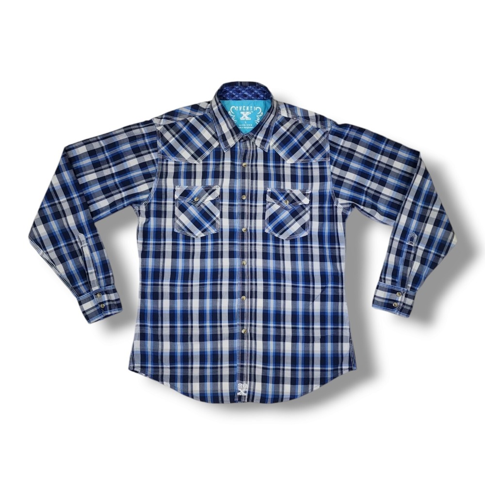 Twenty X Shirt Mens Large Blue Plaid Button Up Long Sleeve Pearl Snap‎ Western